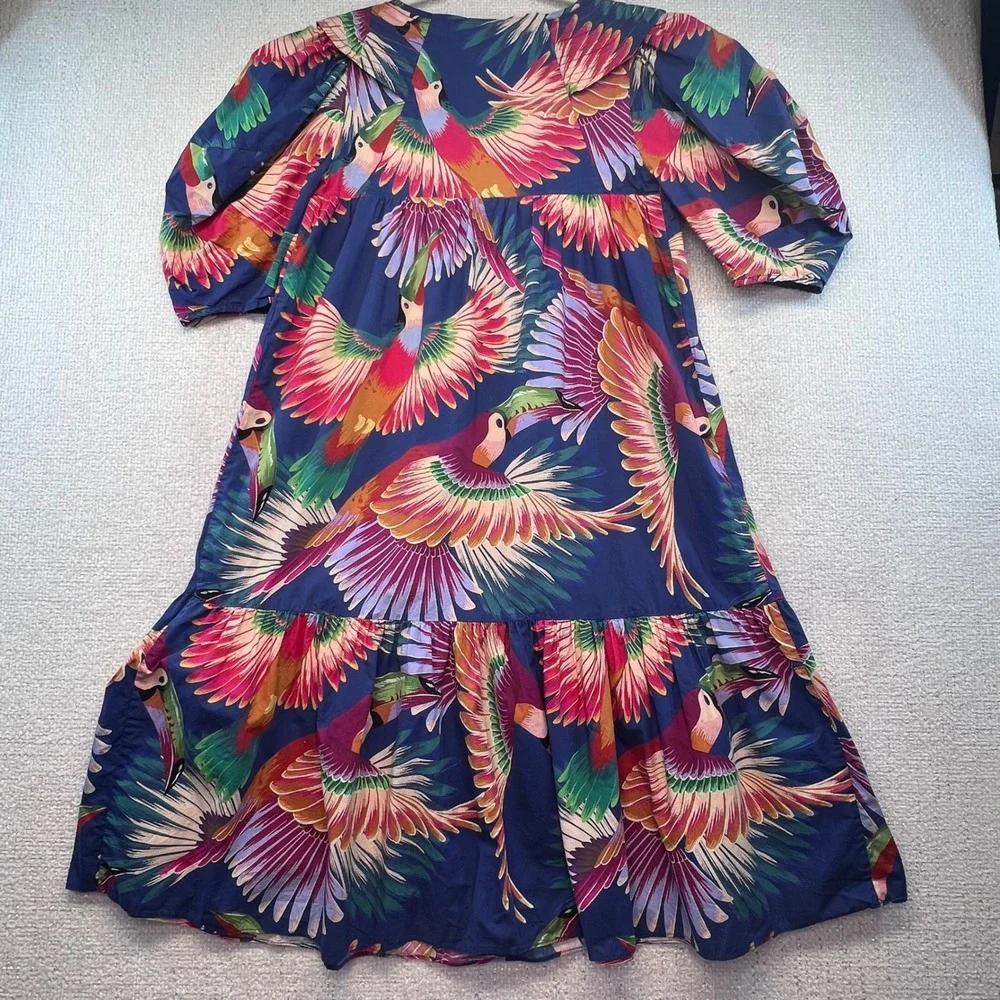 FARM Rio Parrot Print Dress Puff Sleeve Tiered Hem Tropical‎ Multicolor Small - Picture 6 of 13